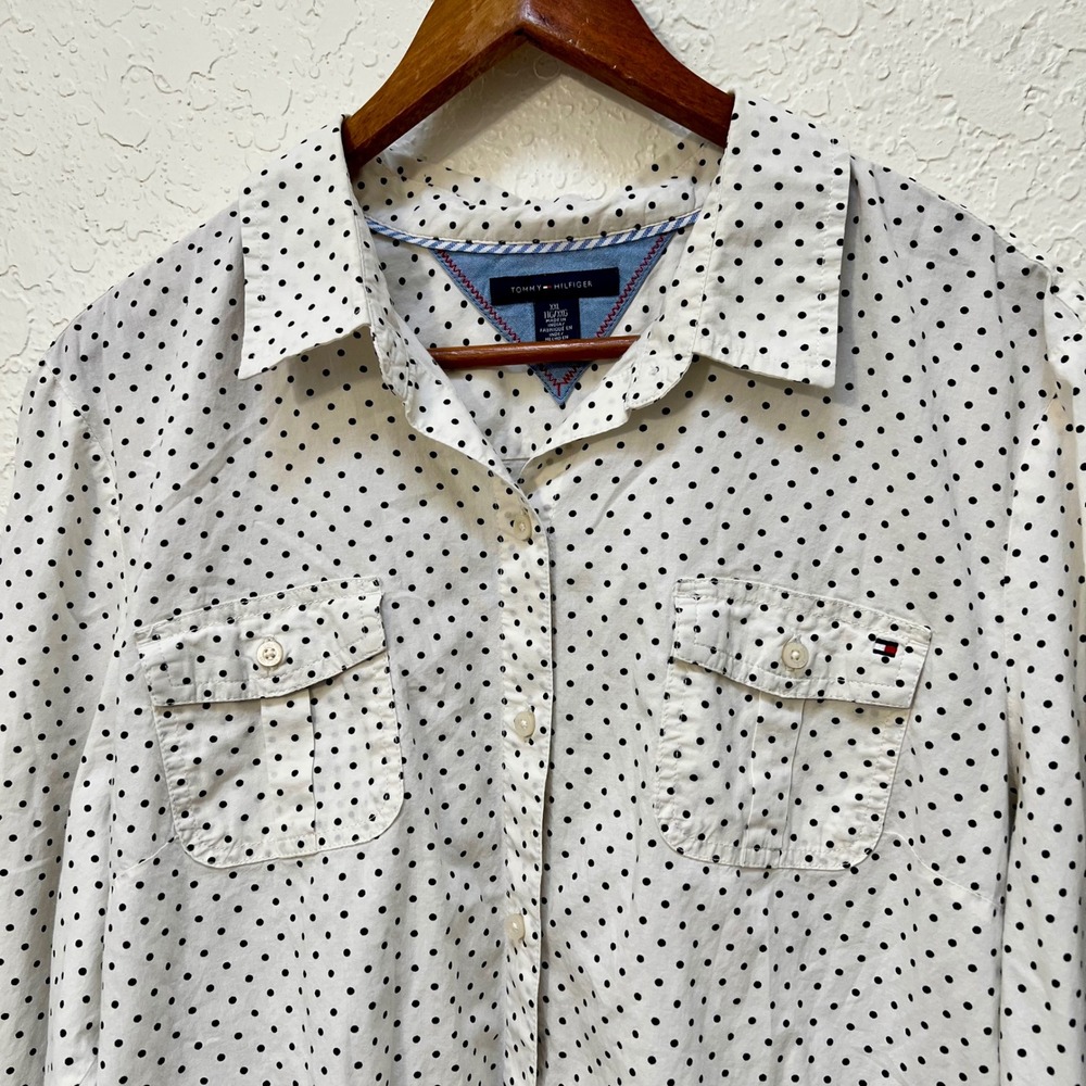 Tommy Hilfiger Womens White Black Polka‎ Dot Long Sleeve Button Up Shirt Top XXL